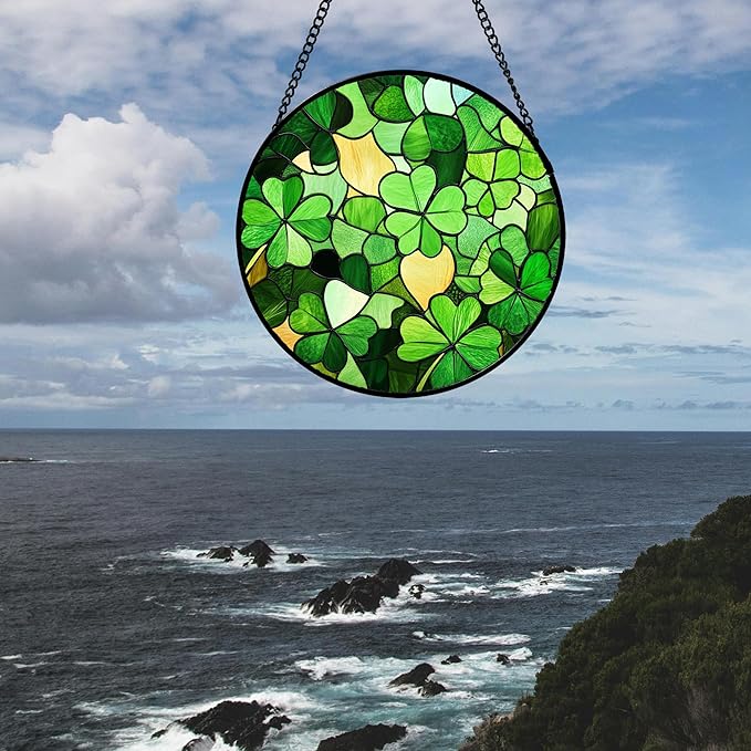 Stained Glass Window Hanging Lucky Clover 9.8" - Suncatcher Door Garden Sun Catcher Ireland Green Decor Birthday Mother's St. Ripack's Day Gift for Woman Mom Men Friend Nana Wife