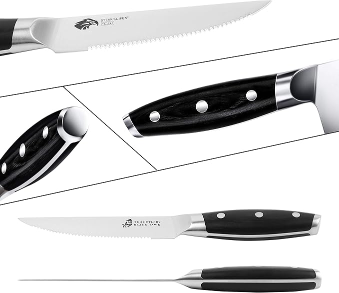 TUO Serrated Steak Knife - 5 inch Professional Kitchen Steak Knife Set 4 - Table Dinner Knife - German HC Stainless Steel Non Slip Pakkawood Handle - BLACK HAWK SERIES Including Gift Box