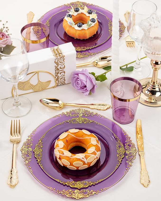 Nervure 175PCS Clear Purple Plastic Plates - Purple Party Plates Set for 25 Guests Include 25Dinner Plate, 25Dessert Plate, 25Cups, 75 Cutlery, 25Napkins Perfect for Wedding & Party & New Year
