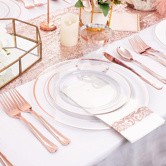DaYammi 350Pcs Rose Gold Dinnerware Set Include: 50 Dinner Plates 10.25?쇺?50 Dessert Plates 7.5?쇺?50 Rose Gold Cutlery,50 Disposable Cups 9 OZ with 50 Napkins for Party
