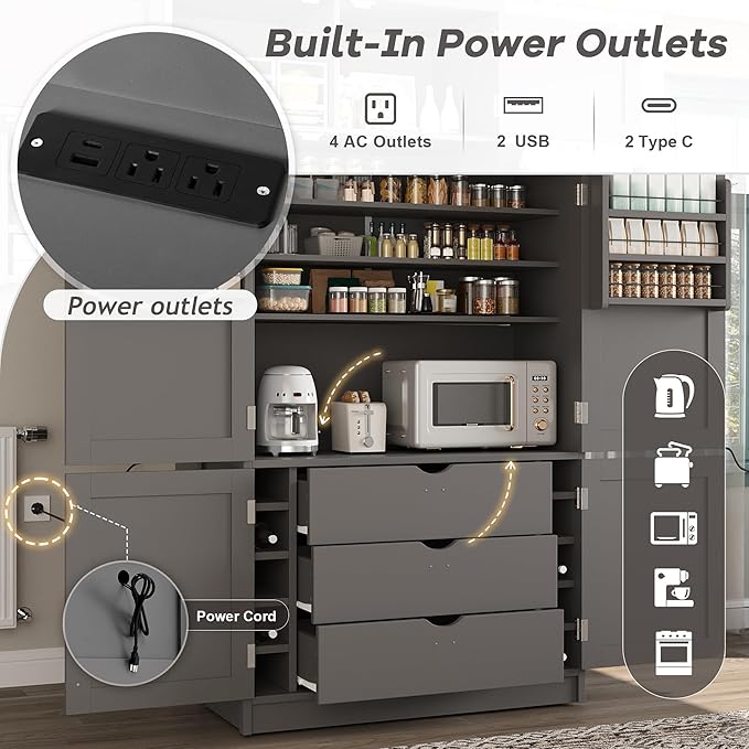 Ball & Cast 80?쿟all Freestanding Kitchen Pantry Cabinet with 2 Power Outlets & 3 Large Drawers,41" W Versatile Farmhouse Pantry Storage Cabinet w/Adjustable Shelves and Door Shelves,for Kitchen,Gray