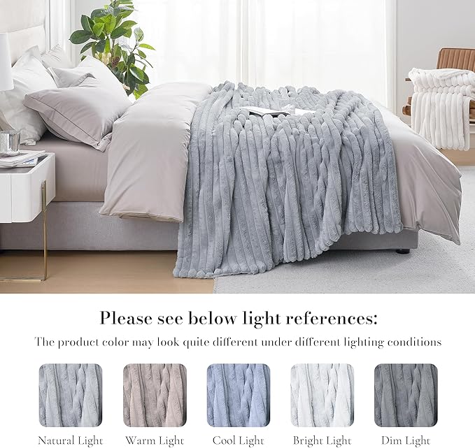 Am챕lie Home Faux Fur Throw Blanket for Couch, Cozy Fuzzy Fluffy Fur Luxurious Soft Striped Plush Gift Blankets for Family Sofa Chair Bedroom, 55"x70", Light Grey