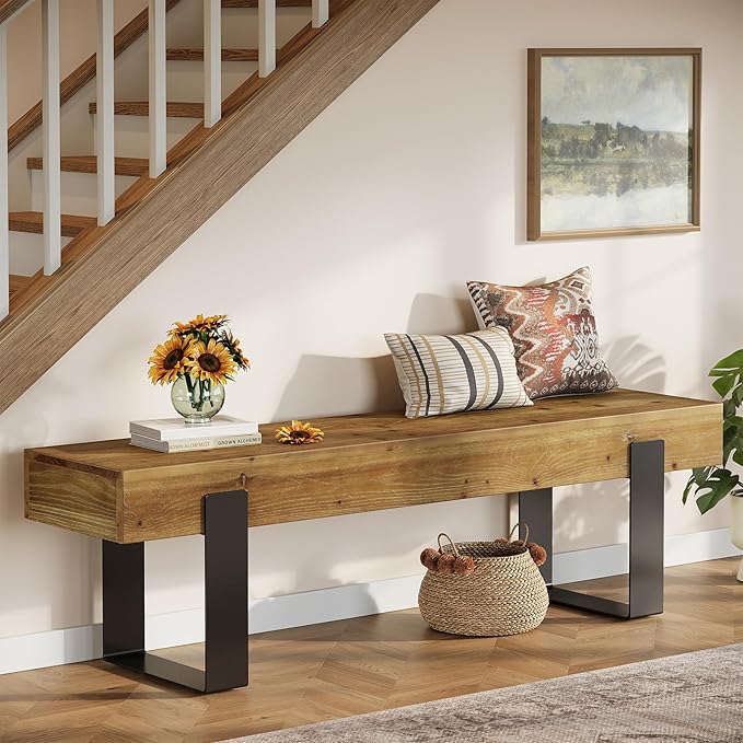TRIBEWOOD Solid Wooden Entryway Bench, 63" Farmhouse Indoor Shoe Bench with Metal Legs, Industrial Long End of Bed Stool with Seating for Entry, Hallway, Porch, Living Room, Mudroom, Easy Assembly