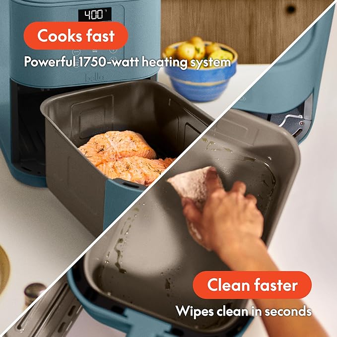 bella 6 Qt Slim Air Fryer, Fits-anywhere??Kitchenware, EverGood??Ceramic Nonstick Coating, Adjustable Temperature, 6 Preset Cooking Options, 60 Min Auto Shutoff w Audible Tone, 5lb Capacity, Surf
