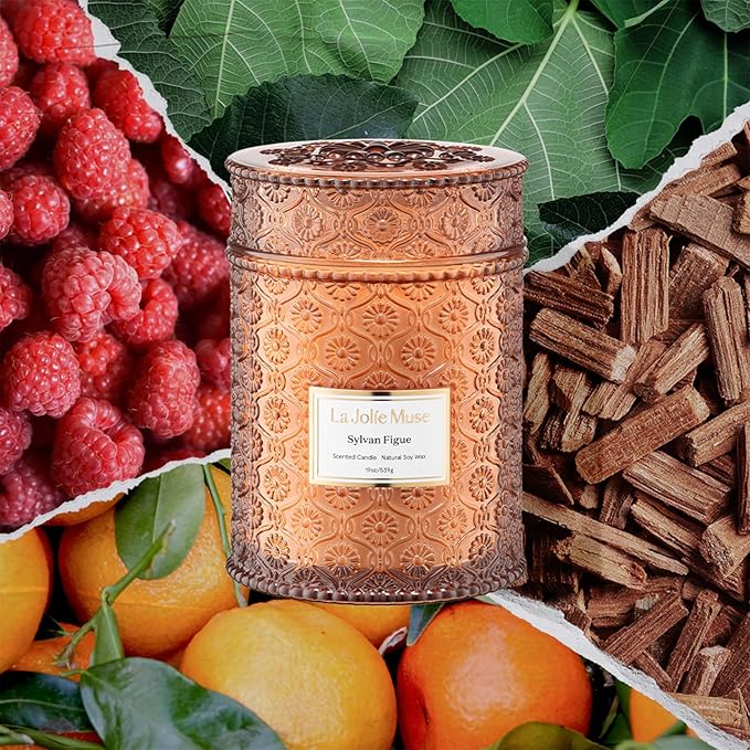 LA JOLIE MUSE Sylvan Figue Candle | Fig Leaf, Red Berries, Sandalwood | 19 oz Large Wooden Wick Candle | Natural Soy Wax | 90 Hours Clean Burn | Gift-Ready for Hosts | Elegant Home D챕cor