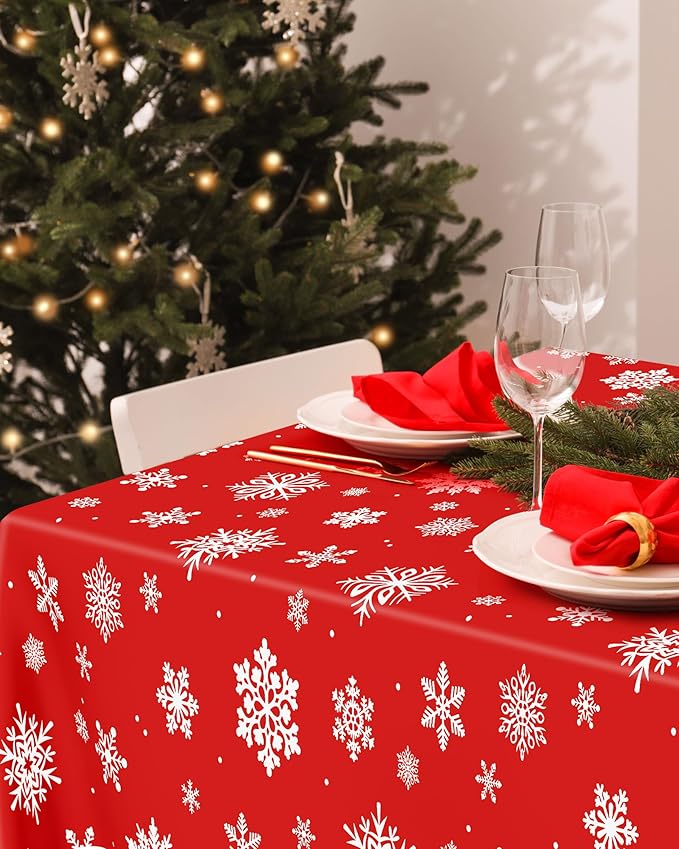 4 PACK Snowflake Tablecloths, 54" x 108" Holiday Party Decor, Red Snowflakes Tablecloth Xmas Plastic Tablecloth Disposable Table Cloth Rectangle Tablecover, Winter Decorations Holiday Party Supplies