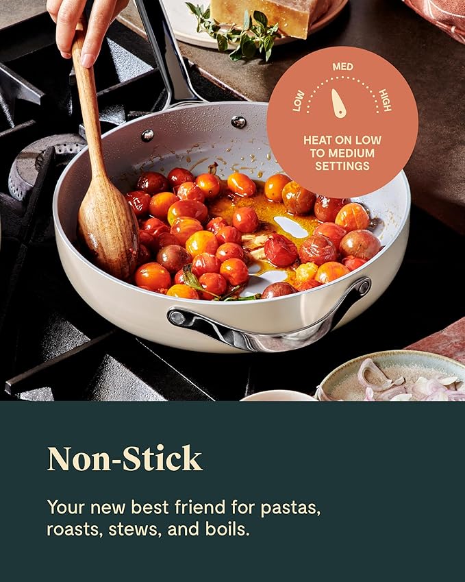 Caraway Nonstick Ceramic Saut챕 Pan with Lid (4.5 qt, 11.8") - Non Toxic, PTFE & PFOA Free - Oven Safe & Compatible with All Stovetops (Gas, Electric & Induction) - Gray