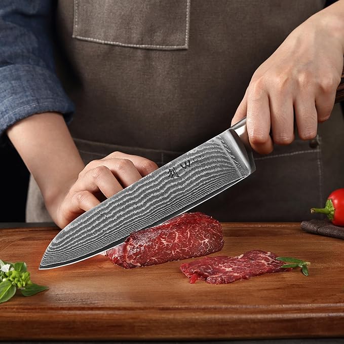 Wakoli EDIB 3-Piece Damascus Knife Block Set with Magnetic Knife Block ??Chef Knives Set with 3.4" - 6.7" Blades, 67-Layer Damascus Steel (VG10 Core), Kitchen Knives with Pakkawood Handles
