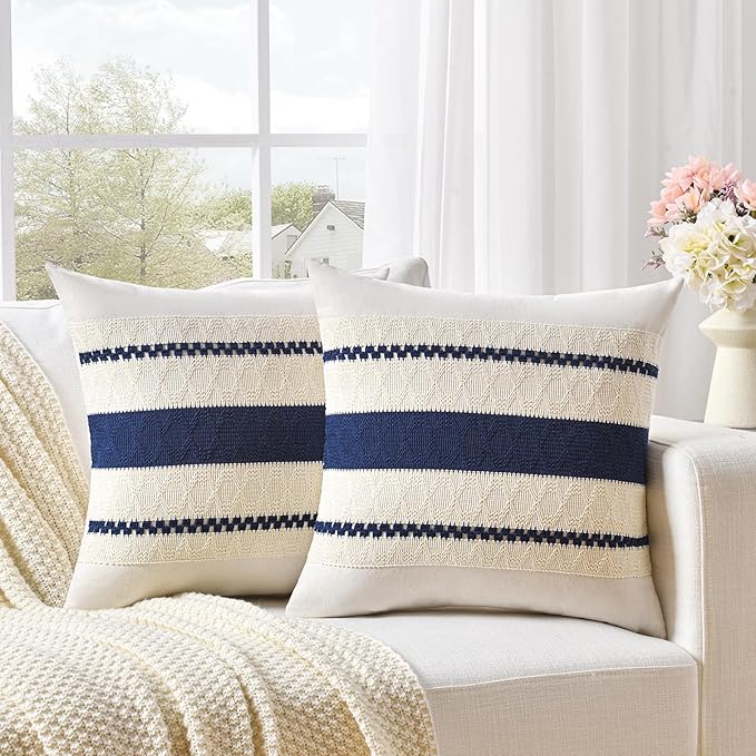 Fancy Homi Set of 2 Navy Blue Decorative Throw Pillow Covers 20x20 Inch for Couch Bed Sofa Living Room Office, Aesthetic Modern Organic Farmhouse Home Decor, Soft Cotton Woven Textured Cushion Case