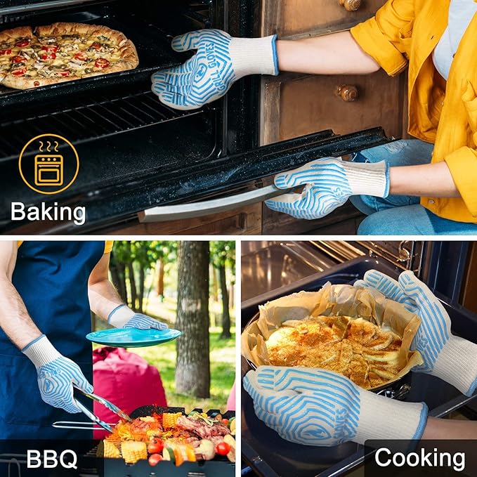 QUWIN BBQ Gloves, Oven Gloves 1472??Extreme Heat Resistant, Grilling Gloves Silicone Non-Slip Oven Mitts, Kitchen Gloves for BBQ, Grilling, Cooking, Baking-1 Pair??(Blue, One Size Fits Most)