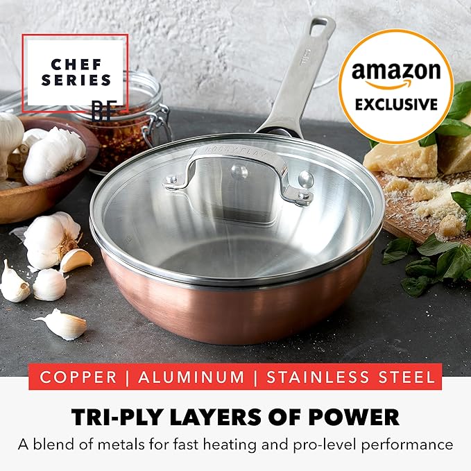 GreenPan x Bobby Flay 2QT Copper Clad Chef?셲 Pan with Lid, Induction Ready Sauce Pot, Measurement Markings, Stainless Steel Base & Interior, Oven Safe Saucepan to 500?F