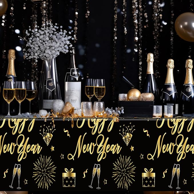 6 Pcs Happy New Year Tablecloth, 108" x 54" Rectangle Table Covers for New Years Eve Party Supplies, Black and Gold Firework Nye Tablecover 2026, Holiday Table Cover for NYE Party Supplies 2026 Decor