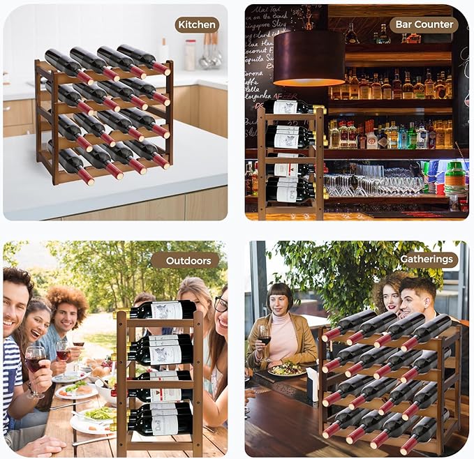 Janedream 4-Tier Bamboo Wine Rack for 16 Bottles, Easy-to-Assemble Countertop Wine Storage Shelf, Sturdy Tabletop Wine Holder for Kitchen, Inside Cabinet, Pantry, or Home Bar (4 Tier)