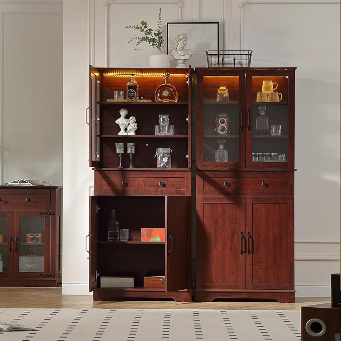 71'' Tall Pantry Cabinet with Glass Doors,Modern Kitchen Pantry Cabinet with 3 Adjustable Shelves and a Drawer, LED for Better Showcase,for Dining Room and Kitchen,Wine Red