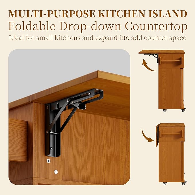 DHH Rolling Kitchen Island with Drop Leaf Countertop&Ample Storage - 39.4" Small Mobile Kitchen Cart On Wheels with Sliding Door,Drawers,Spice Rack & 2-Tier Storage (Yellow Walnut)