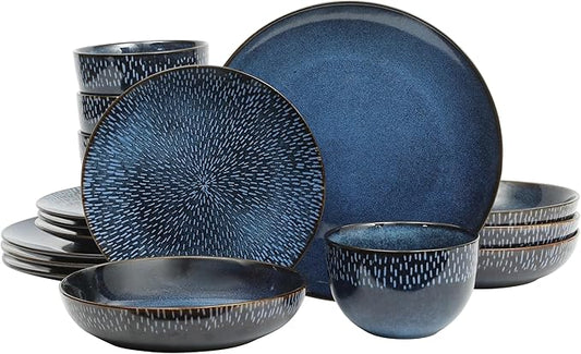 Gibson Elite Matisse 16-Piece Dinnerware Set ??Double Bowl Reactive Glaze Cereamic Stoneware in Blue ??Plates and Bowls Sets for 4, Microwave & Dishwasher Safe, Rustic Modern Design