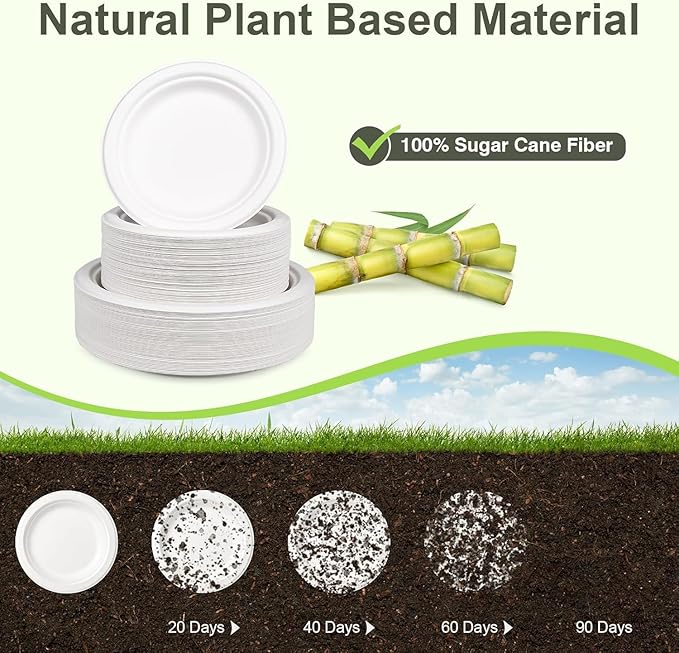 Disposable Paper Plates Set, 7-inch, 9-inch Eco friendly Heavy Duty Plates and Napkins Party Supplies, Compostable Dessert Dinner Paper Plate White, For 100 Guests