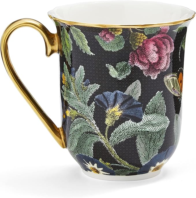 Spode Creatures of Curiosity 12oz Fine China Mug, Black Floral Pattern - Porcelain Tea & Coffee Cup with 22ct Gold Handle and Rim - Elegant Vintage Inspired Drinkware, Boxed for Gifting