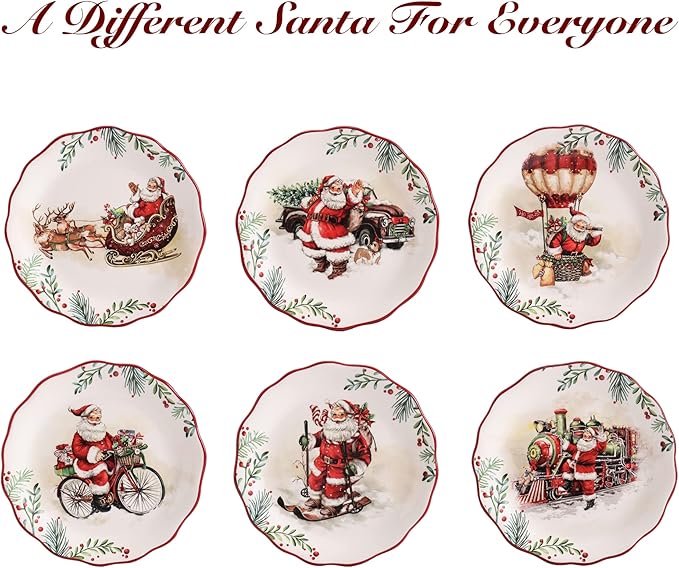 Bico Santa On The Way Scalloped Appetizer Plates Set of 6, 6 Inch Small Ceramic Dessert Plates for Snacks, Salad, Tablescape, Microwave and Dishwasher Safe, Gift for Housewarming and Thanksgiving