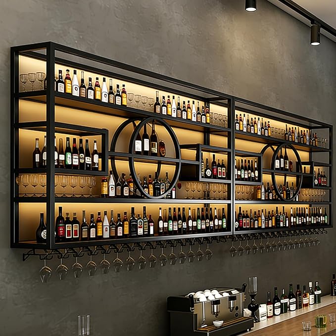 55in Wine Rack Wall Mounted, Large Capacity Hanging Wine Bottles Display Shelf with Glasses Holder, 4 Tier Industrial Bar Liquor Storage Shelves for Home Bar Kitchen,Living Room (Black, 126in)