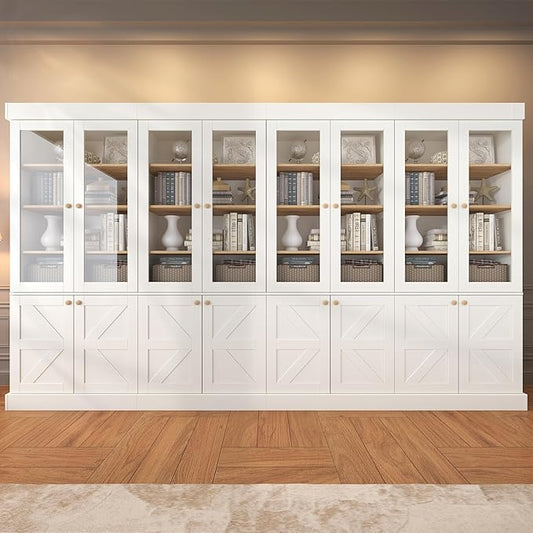 71" Tall Farmhouse Bookshelves with Glass Doors, Large Bookcase with Adjustable Shelves, Wooden Storage Cabinet for Living Room, Kitchen, Home Office, Dining Room, White Glass Door Cabinet Unit(4 Pcs)