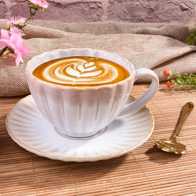 Ceramic Floral Coffee Mug with Saucer Set with Spoon- Vintage Glazed Tea Cup and Coaster for Cafe/Home/Office,White, Petal-Shape Design