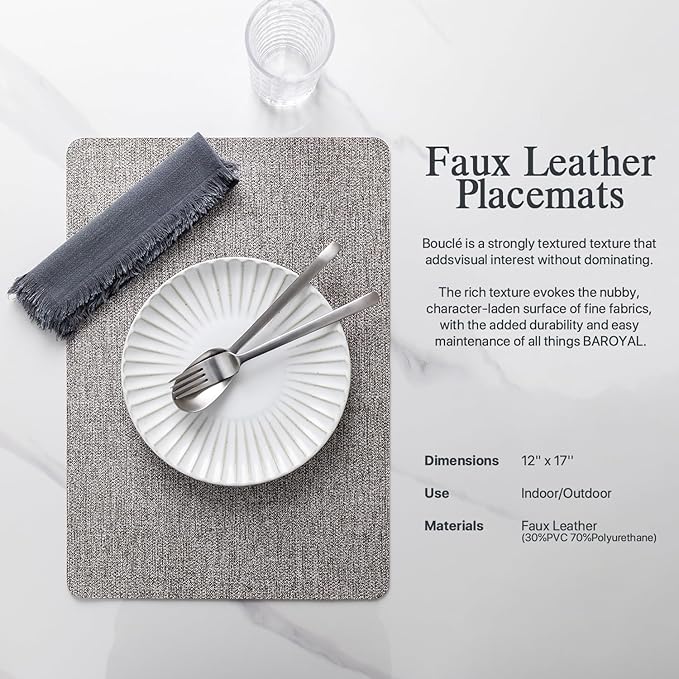Baroyal Faux Leather Placemats Set of 4 Vinyl Washable Wipeable Table Mats for Kitchen Dining Table Heat Resistant Waterproof Modern Indoor/Outdoor Placemats Non-Slip Easy Clean Place Mats (Mid Gray)