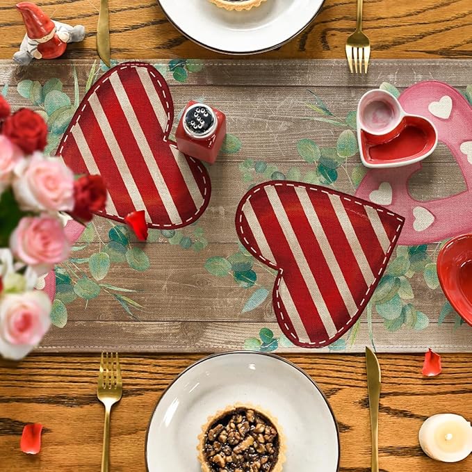 Artoid Mode Wood Love Hearts Valentine's Table Runner, Anniversary HoliKitchen Dining Table Decoration for Home Party Decor 13x72 Inch