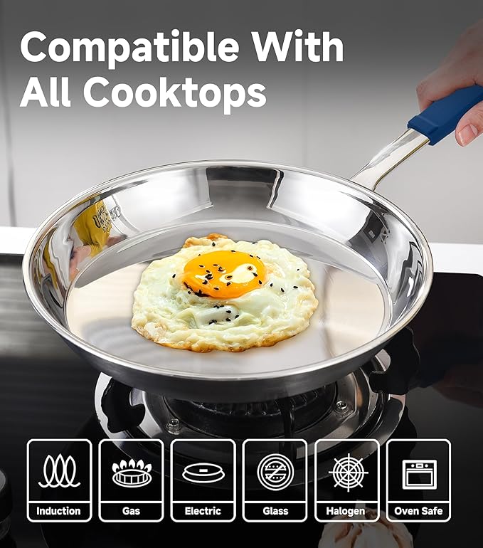 LOLIKITCH 10 In Stainless Steel Skillet - Professional Induction Fry Pan, Oven Safe 600째F, Tri-Ply Stainless Steel Clad, Dishwasher Safe, Detachable Handle, PFOA Free, Commercial Restaurant Grade