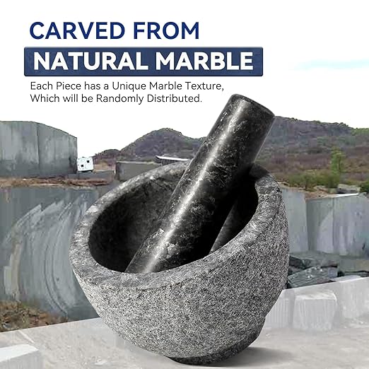 Koville African Natural Granite Mortar and Pestle Set, Grinder Bowl for Guacamole, Salsa, Pill Crusher, Spice, Herb, Garlic, Nut, Heavy Duty Grinder for Kitchen (Sandblasted Finish)