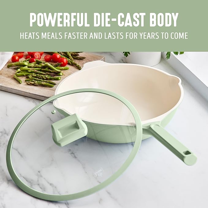 GreenLife Nonstick 12??(5QT) All in One Deep Skillet Wok with Lid, PFAS-Free Non-Toxic Ceramic Multi-Purpose Pan, Induction, All Stovetop, Egg, Stir Fry, Saute, Stay Cool Handle, Sage Green