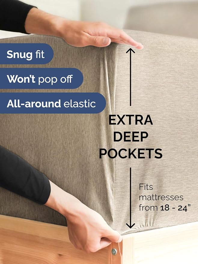 Extra Deep Pocket Cal King Sheets - 4 Piece Breathable & Cooling Bed Sheets - Hotel Luxury Bed Sheet Set - Soft, Wrinkle Free & Comfy - Easily Fits Extra Deep Mattresses - Heathered Beige Sheets Set