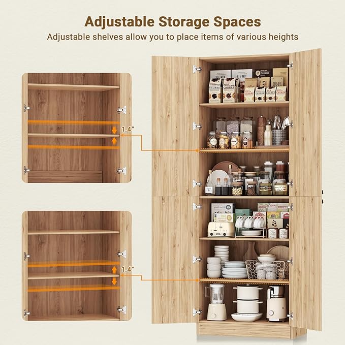 Cyclysio 80" Kitchen Pantry, Extra Tall Arch Storage Cabinet with 4 Doors and Adjustable Shelves, Freestanding Wood Cupboard with Seamless Fit Wall for Dining Living Room Bathroom Furniture (Natural)