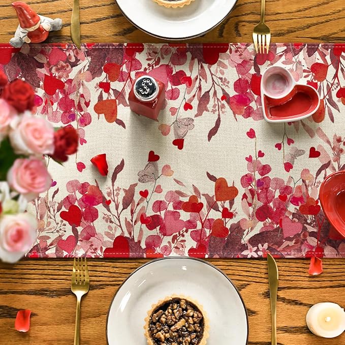 Artoid Mode Floral Red Love Heart Petals Valentine's Table Runner, Wedding Kitchen Dining Table Decoration for Home Party Decor 13x36 Inch