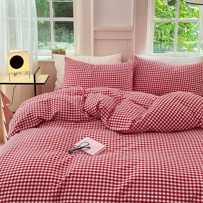 LifeTB Red Gingham Comforter Set Twin XL Modern Style Red Plaid Comforter Set 3 Pieces Soft Fluffy Grid Checkered Pattern Comforter with 2 Pillowcases Farmhouse Gingham Bedding Set Breathable