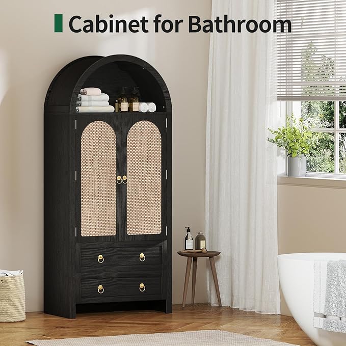 71" Arched Cabinet Kitchen Pantry Cabinet with Rattan Doors, Storage Cabinet with Drawers & Height Adjustable Shelves, Hutch Cabinets with Storage, Tall Arch Bookcase for Dining Room Kitchen, Black