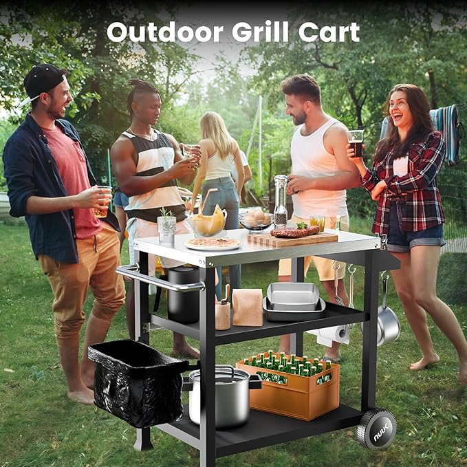 NUUK 3-Shelf Grill Cart for Outdoor with Stainless Steel Top ??20" x 32" Movable Pizza Oven Stand with Wheels Kitchen Prep Table BBQ Cart Worktable
