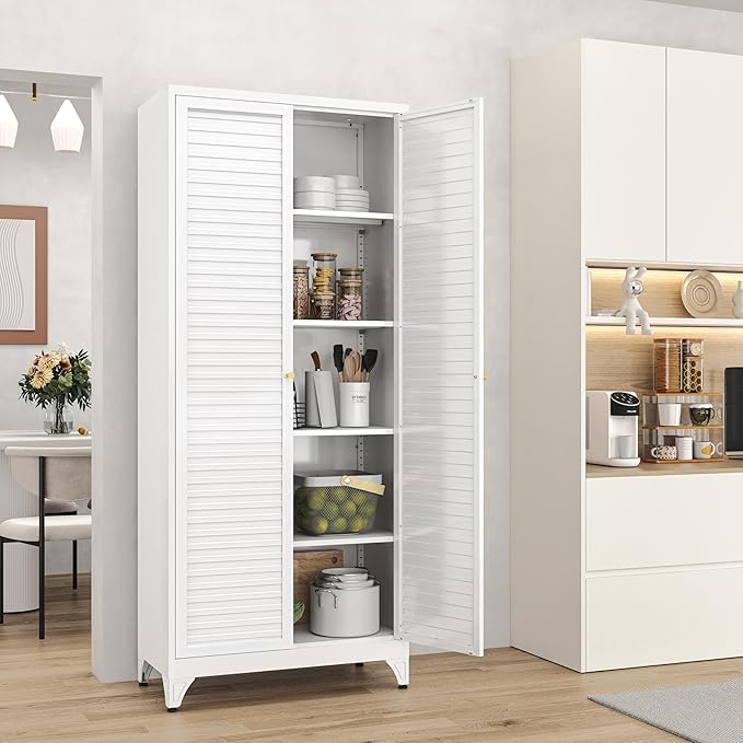 75" Tall Metal Pantry Cabinet, White Storage Cabinet with Doors and Shelves, Metal Cabinet for Kitchen, Dining Room, Living Room and Bathroom