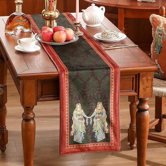 patdrea Designer Mysterious Oil Painting Figures Velvet Table Runner, Brown Green with Palm Frond Pattern Table Mat, Decoration for Kitchen Dining Coffee Table Cabinet Banquet Thanksgiving,12"*71"