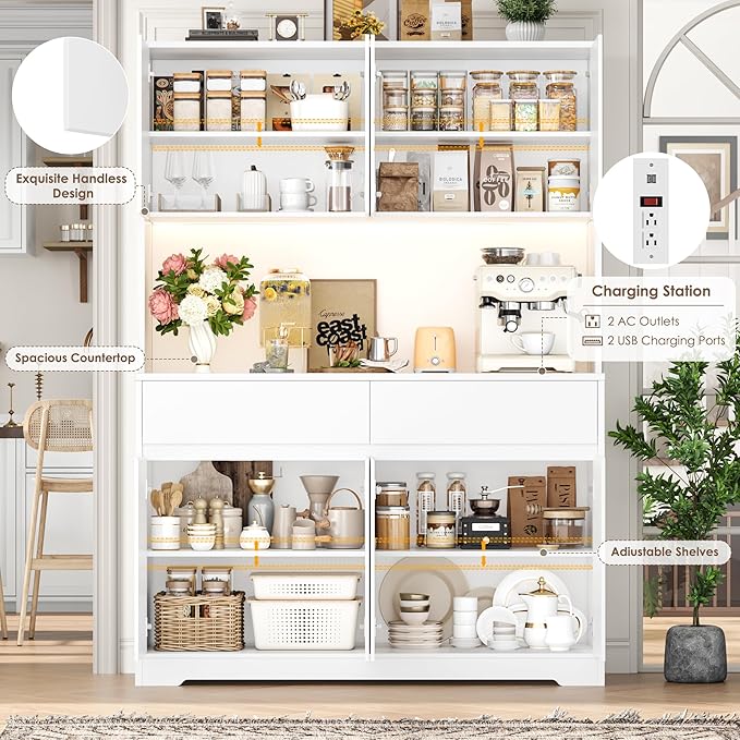 FINETONES 71" Tall Pantry Cabinet with LED Lights and Charging Station, 47.2" Wide Kitchen Pantry Storage Cabinet Kitchen Hutch with Microwave Stand, Tall Storage Cabinet for Living Room, White