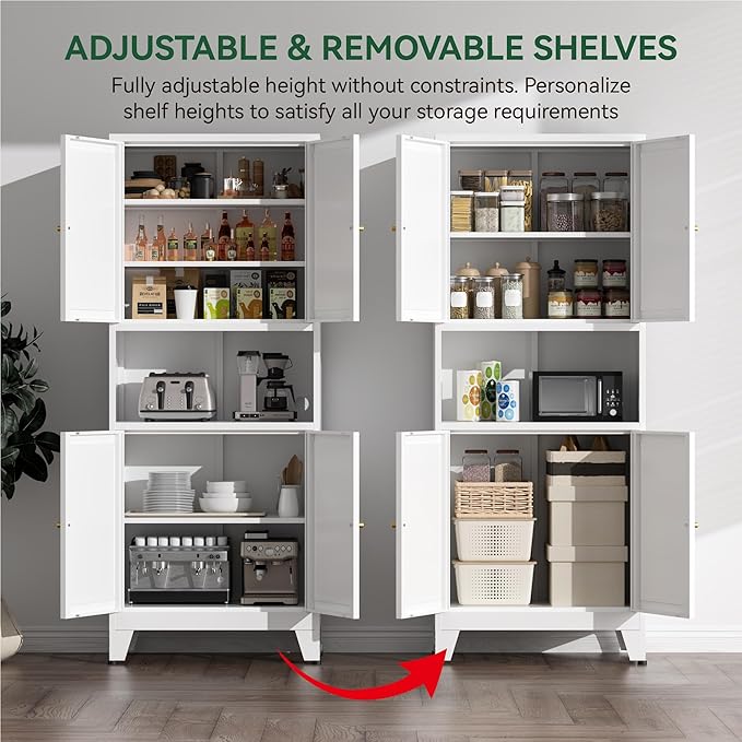 COFaR 69" Tall Modern Kitchen Pantry,Metal Storage Cabinet with Adjustable Shelves,Pantry Cabinet with 6-Tier,Freestanding Cupboard for Kitchen,Dining Room,Living Room,Bathroom,White