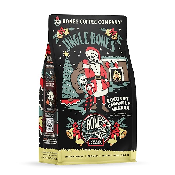 Bones Coffee Company Jingle Bones, Caramel Vanilla Coconut Flavored Coffee, Medium Roast Low Acid Arabica Beans Compatible with Auto drip and French Press Coffee Maker, 12 Oz Ground