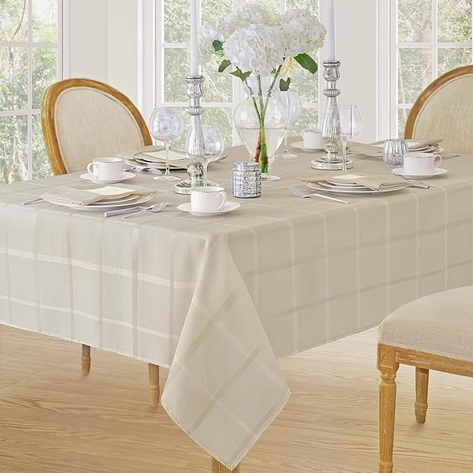 Newbridge 60 x 84 Inch Rectangle Fabric Tablecloth, Elegance Plaid, 100% Polyester, No Iron Soil Resistant Dining Room, Party and Banquet Table Cover, Solid Textured, Beige