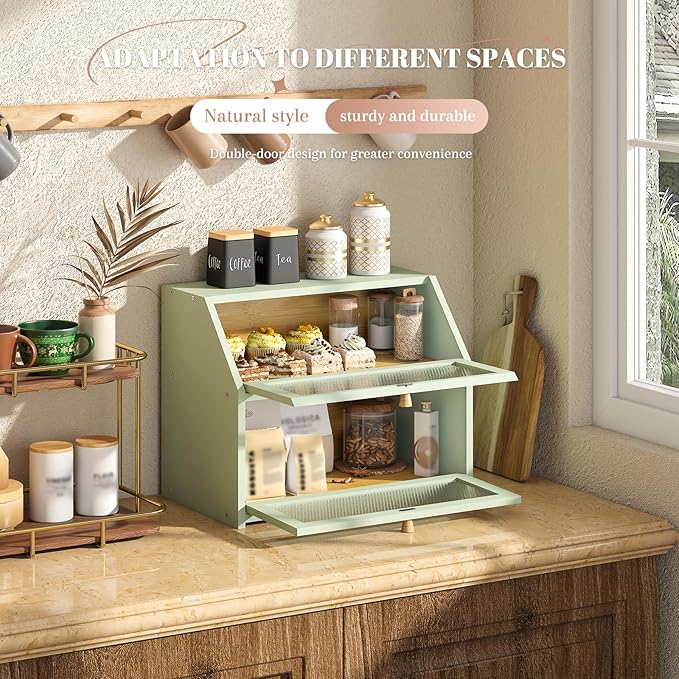 Bread Box for Kitchen Countertop Bin Double Layer Bread Box Storage Container Extra Large Capacity Farmhouse with Diamond Pattern Windows (Green, Large)