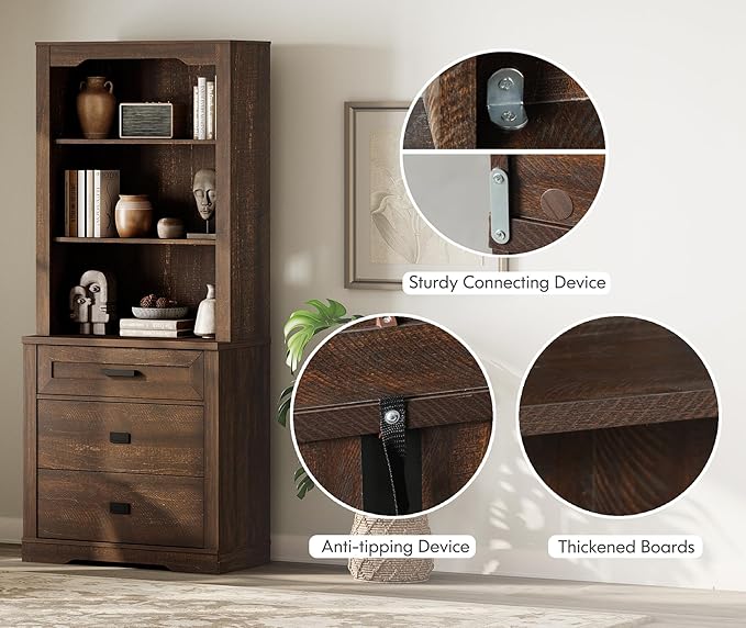 WAMPAT 3 Column 3 Tier Pantry Cabinet with Drawer,73.3" Tall Floor Standing Cupboard,Modern Farmhouse Display Kitchen Buffet with Adjustable Shelves for Dining Room,Living Room,Rustic Brown