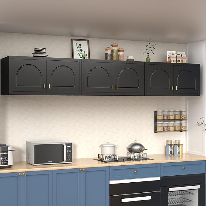 Wall Cabinet with Doors, Small Hanging Cabinet for Kitchen Pantry, Metal Overhead Cabinet for Dining Room, Living Room, Bathroom, 16" D x 32" W x 15" H, Black, Assembly Required
