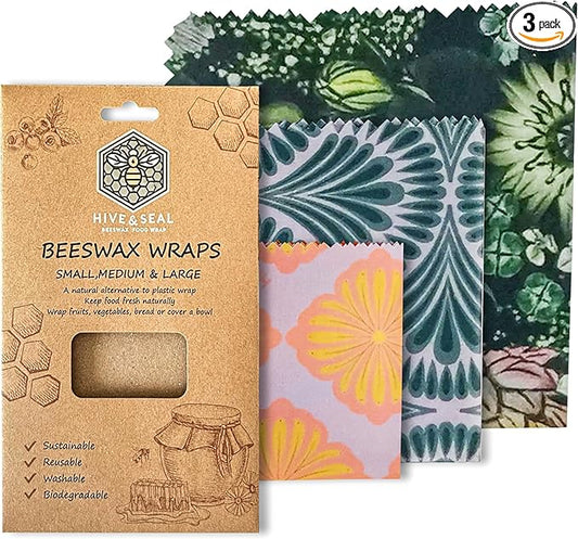 Hive & Seal Beeswax Wraps, Small Medium Large Sizes, Sustainable Reusable Food Storage, Washable