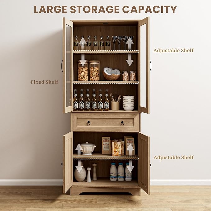 Set of 2 72" Tall Kitchen Pantry Storage Cabinets with Glass Doors and Drawer, Farmhouse Cupboards with Adjustable Shelves, Freestanding Food Pantries for Kitchen, Dining Room, Natural