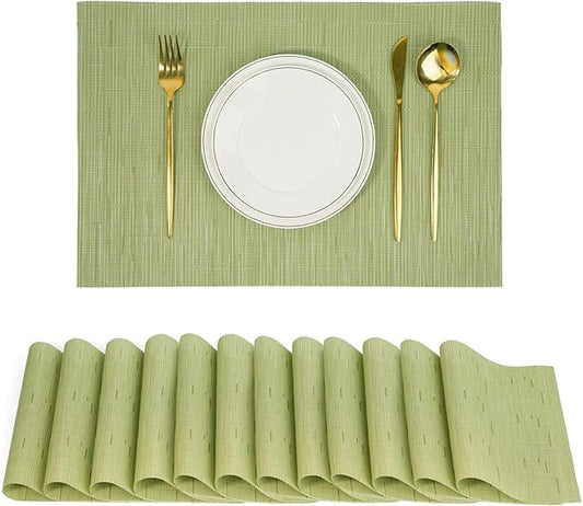 flohar Placemats Set of 12竊똂hristmas Non-Slip PVC Weave Table Mats Easy to Clean竊똇eat Resistant Place Mats for Kitchen Dining Table Decoration Indoor Outdoor竊똏ea Green