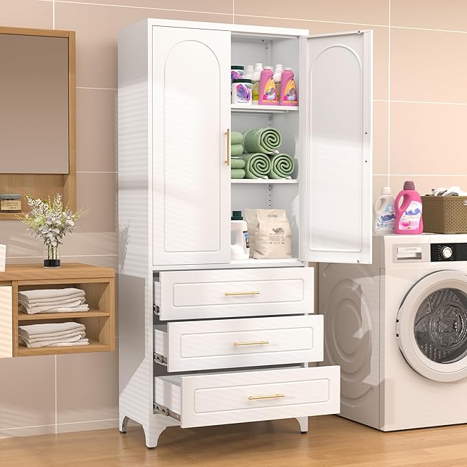 75??Tall Kitchen Pantry Cabinet,Metal Storage Cabinets with Doors and Adjustable Shelves,Modern Kitchen Hutch Cabinet,Freestanding Cupboard for Dining Room